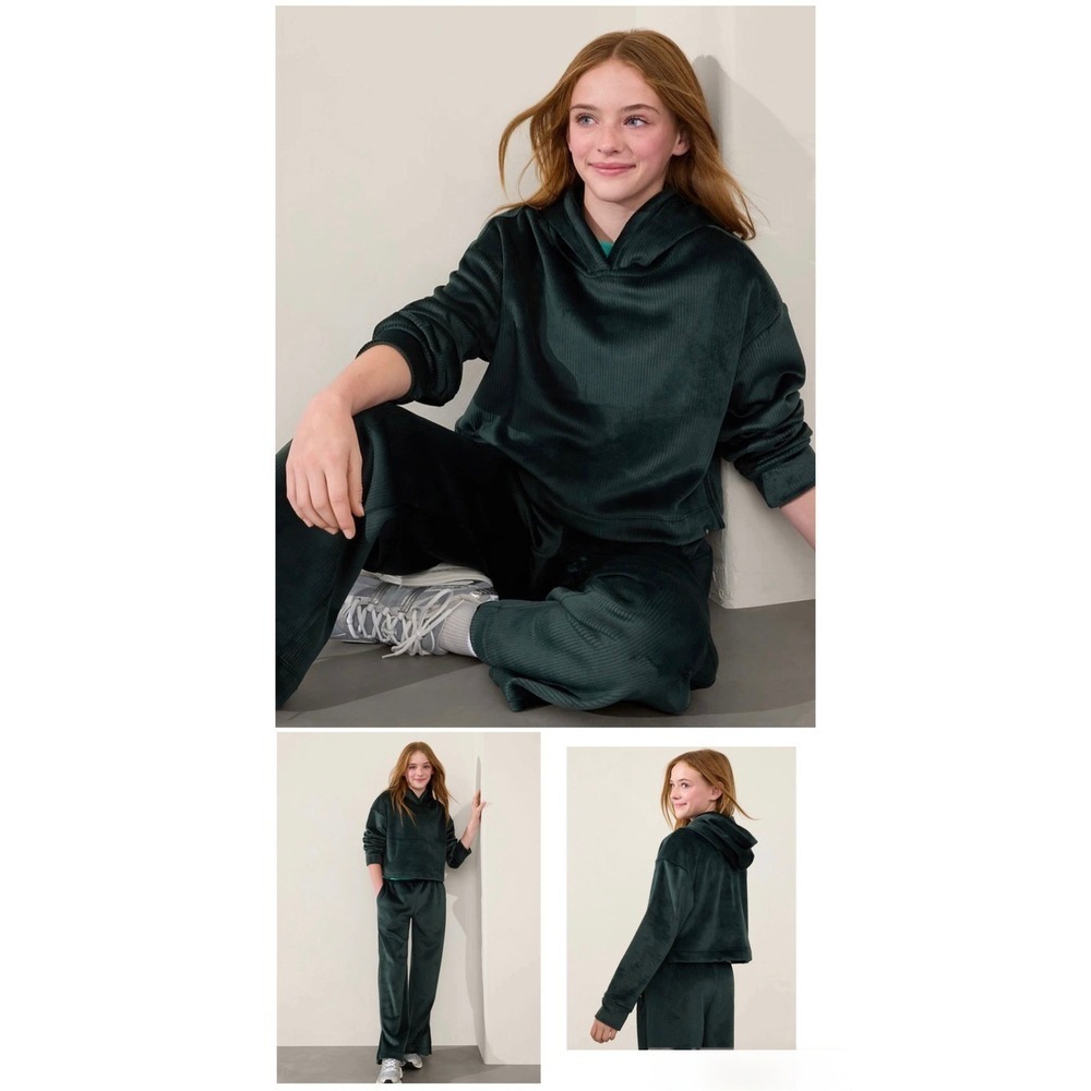 Athleta Girl Dark Green Ribbed Corduroy Cropped Hoodie XL 14 Pullover Sweatshirt